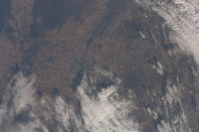 Satellite view of farmland and Last Mountain Lake from the ISS